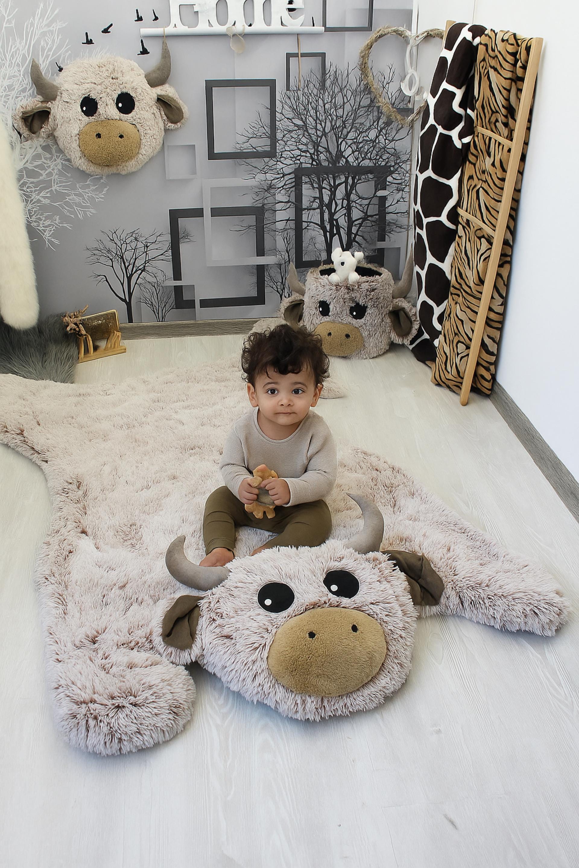 Highland Cow Nursery Set - Personalized Rug, Pillow & Storage Basket Collection